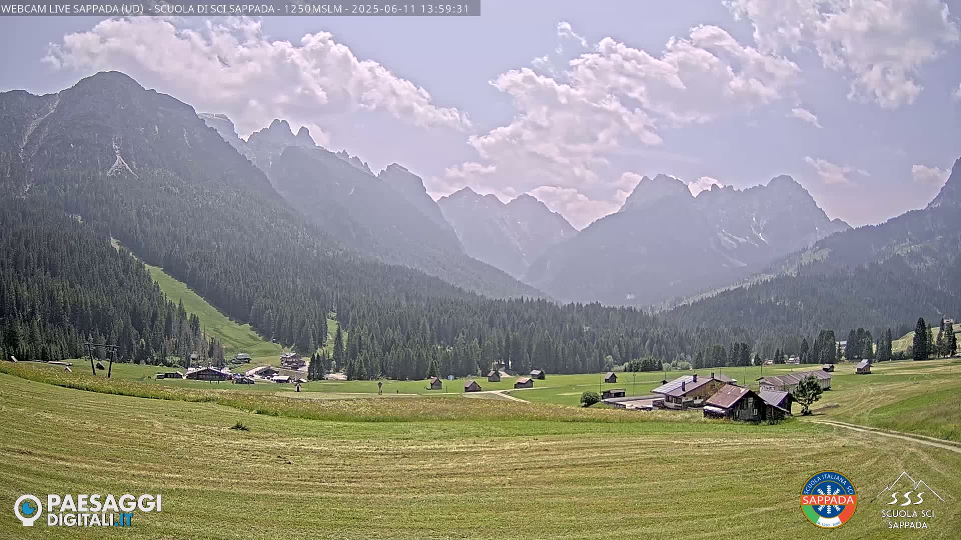 A partly cloudy day reveals a valley of green fields and dark evergreen forests nestled between imposing, hazy mountains.