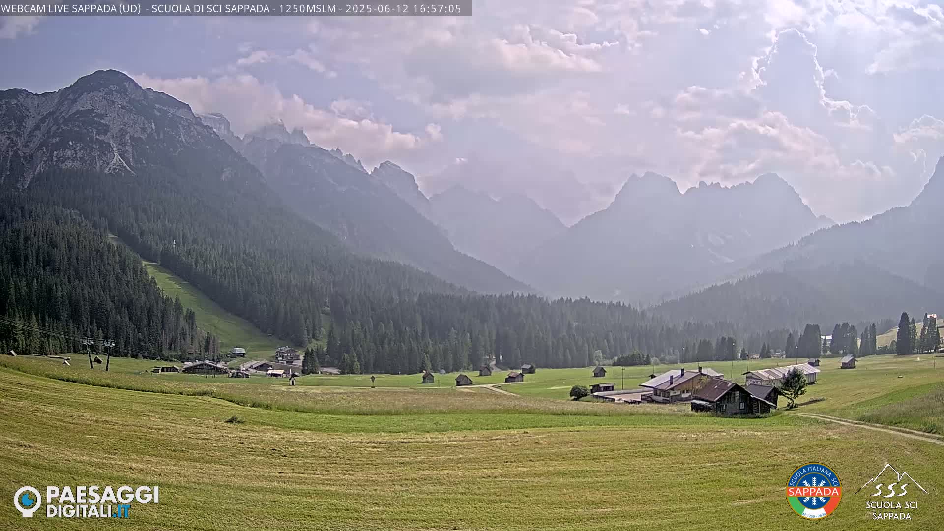 A partly cloudy day reveals a valley with a small village nestled among green fields and evergreen forests, all surrounded by hazy, distant mountains.