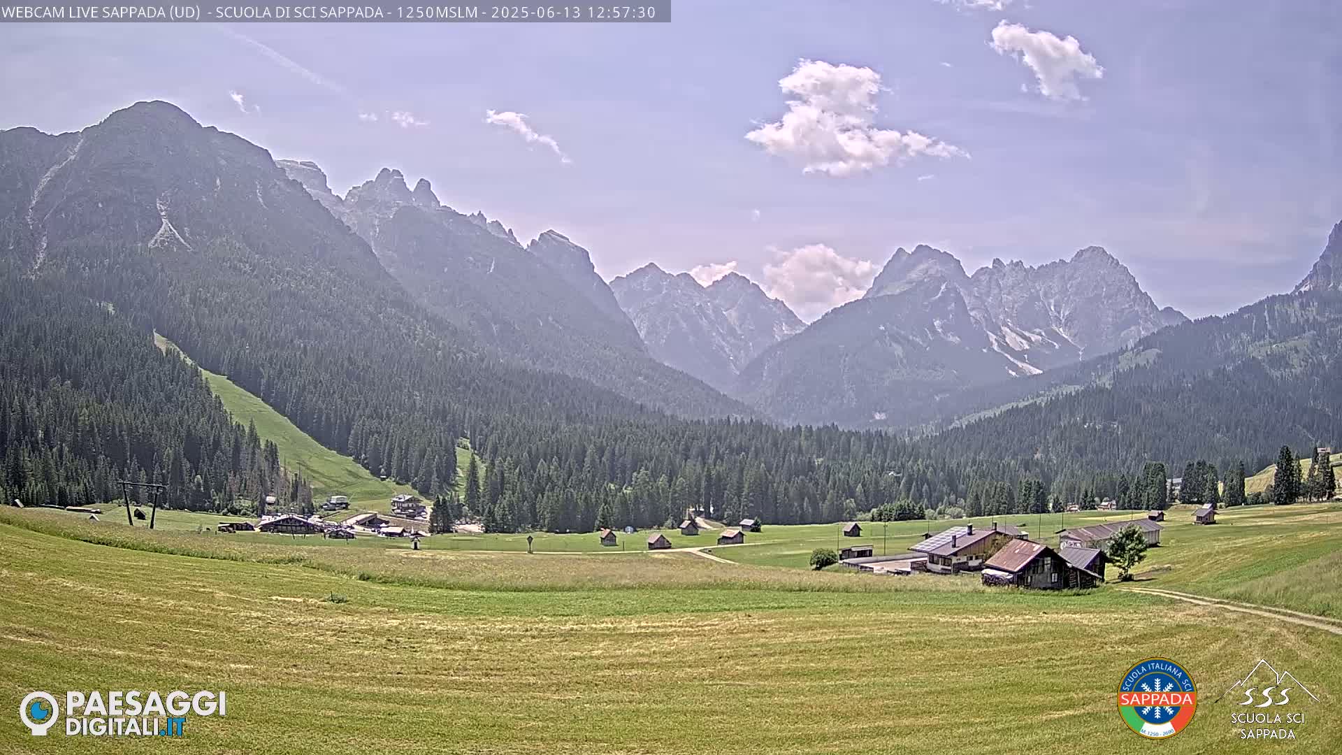 A valley with a small village nestled amongst green fields and evergreen forests, backed by a range of mountains under a partly cloudy sky.