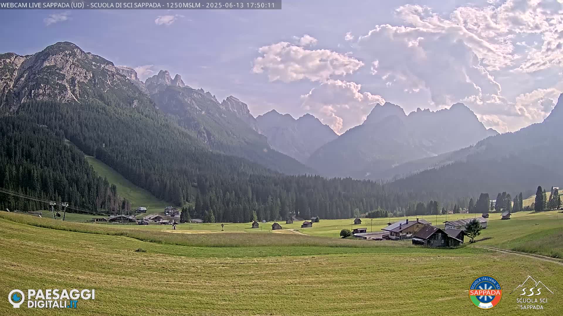 A partly cloudy afternoon scene shows a valley of green fields and small buildings nestled at the foot of a mountain range.
