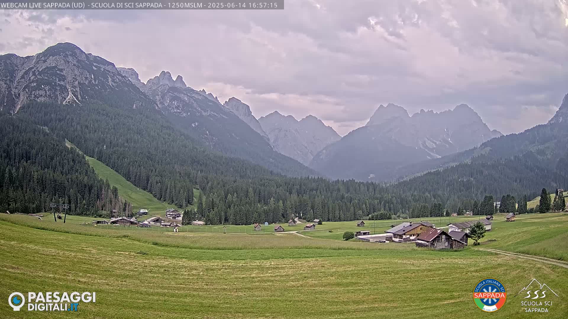 A valley village nestled among a dark green forest, overlooked by imposing, hazy mountains under a cloudy sky.