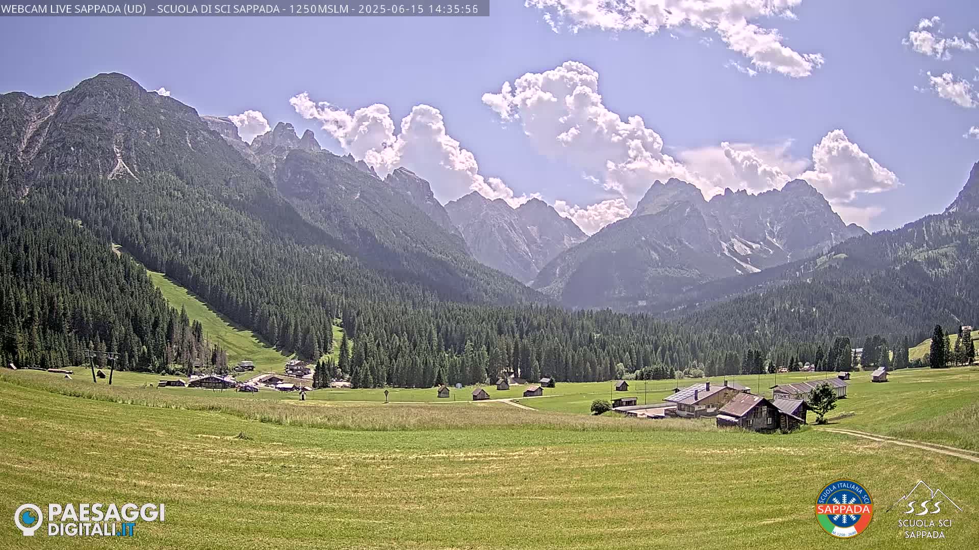 A sunny day reveals a valley village nestled among evergreen forests and imposing, rocky mountains under a partly cloudy sky.