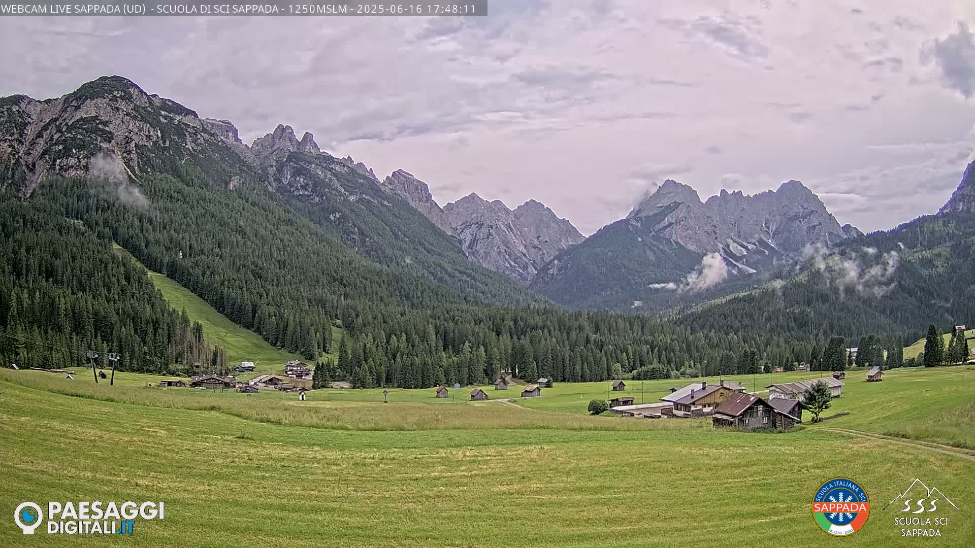 A valley dotted with small buildings and green fields is nestled beneath a range of rocky mountains under a partly cloudy sky.