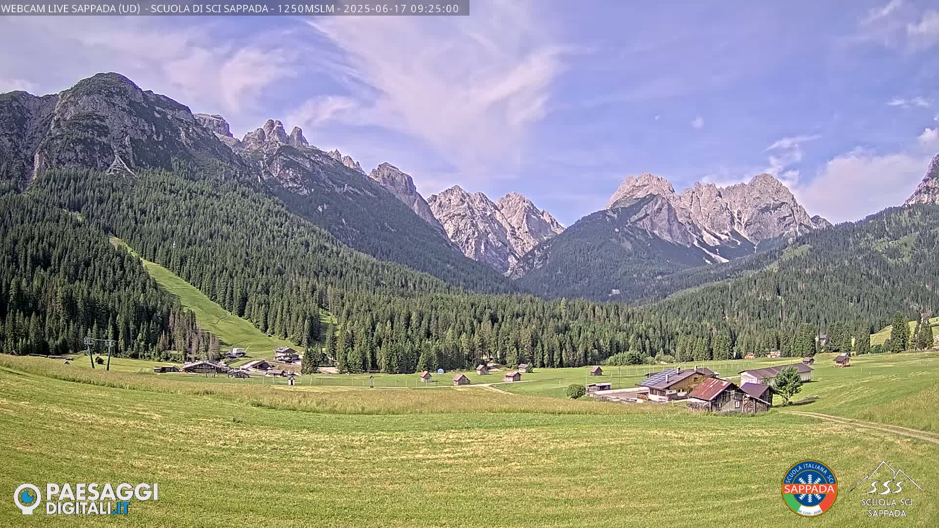 A mountain valley with a village of small buildings and green fields, under a mostly clear sky.