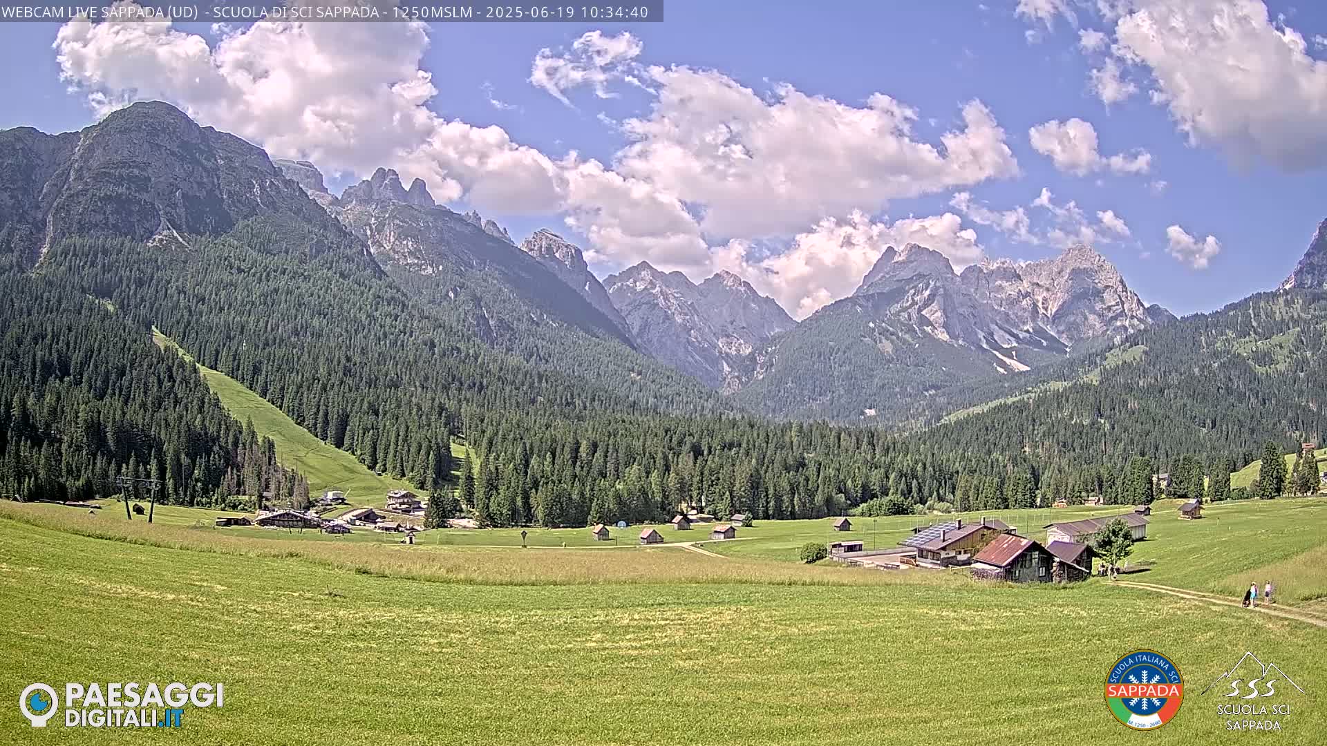 A partly cloudy sunny day reveals a valley of green fields and a small village nestled amongst a dark green forest at the foot of a majestic mountain range.