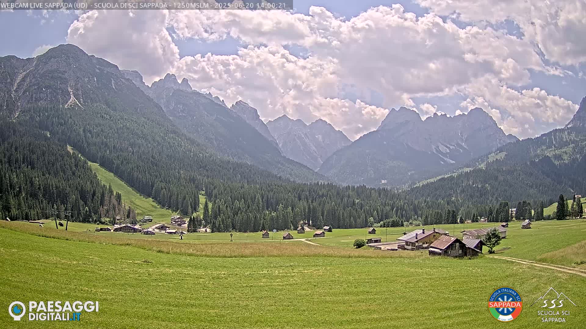 A valley with a few buildings and green fields is nestled among a range of mountains under a partly cloudy sky.