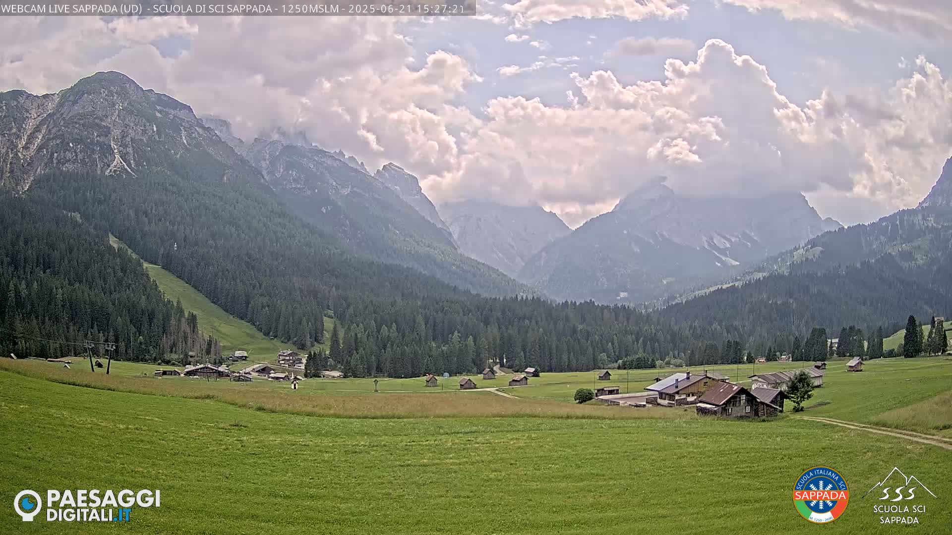 A partially cloudy sky overlooks a valley of green fields and dark green forests nestled between large, light gray and tan mountains.