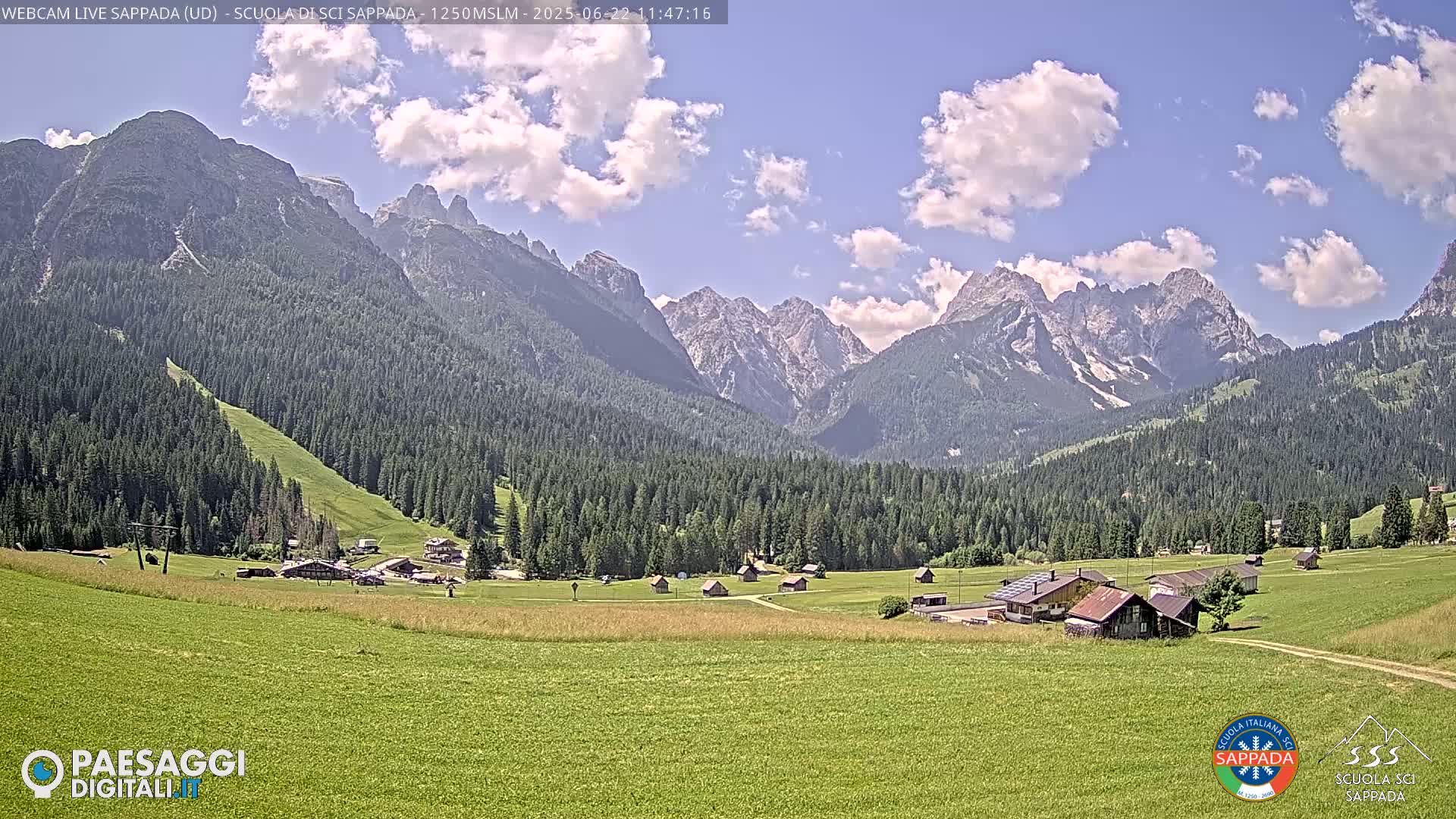 A valley dotted with small buildings and green fields is nestled beneath a range of jagged, snow-capped mountains under a partly cloudy sky.