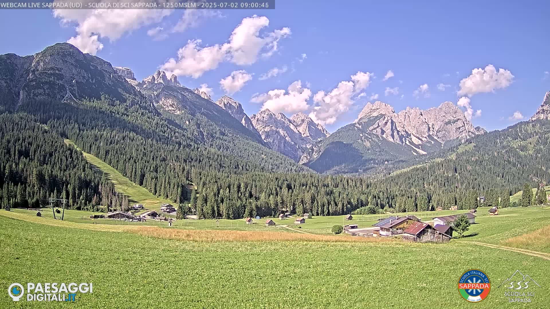 A picturesque valley with a few buildings and green fields, surrounded by a dark green forest and towering, rocky mountains under a partly cloudy sky.