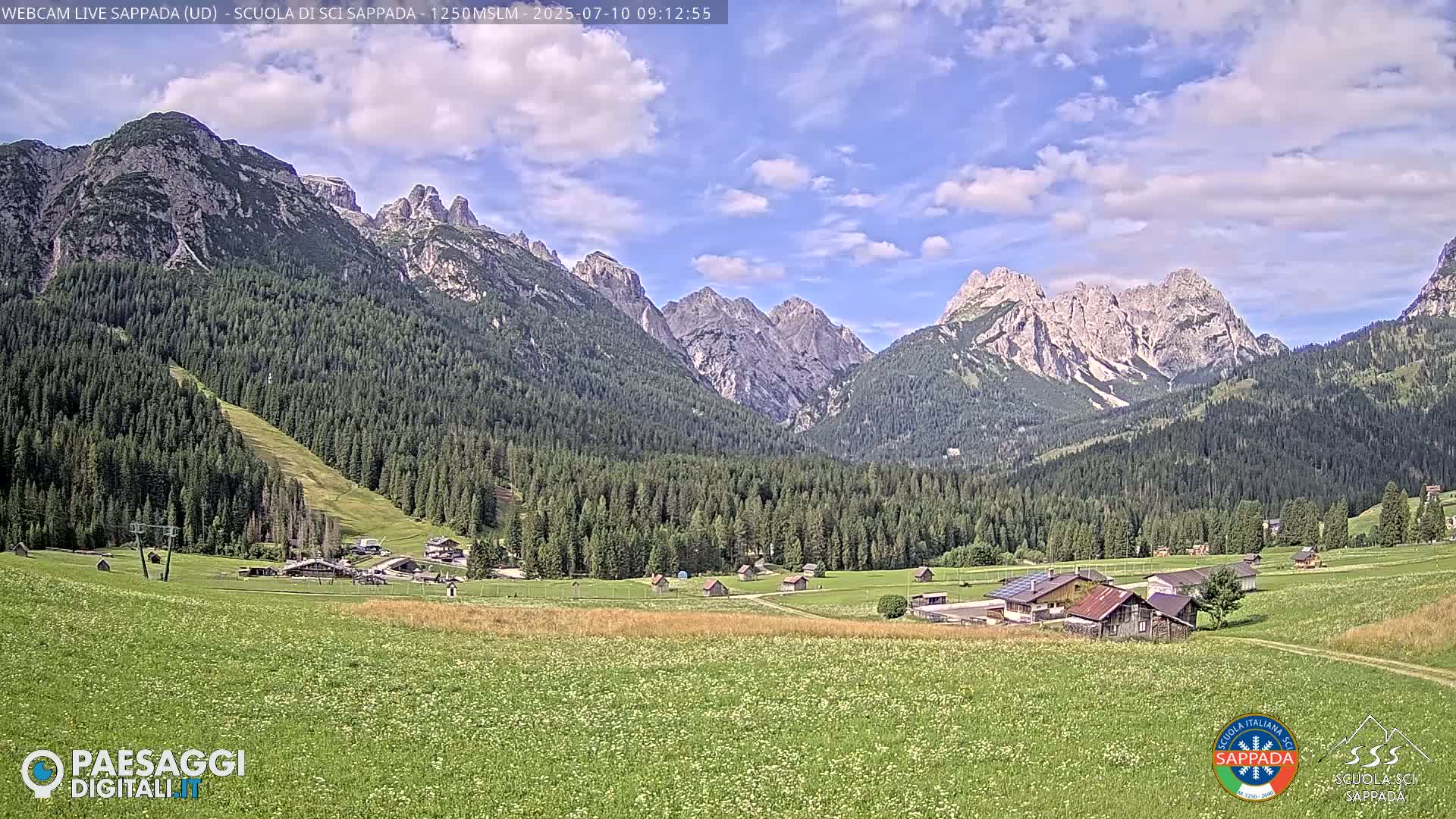 A valley filled with green meadows and evergreen forests, nestled beneath a range of jagged, light-grey mountains under a partly cloudy sky.