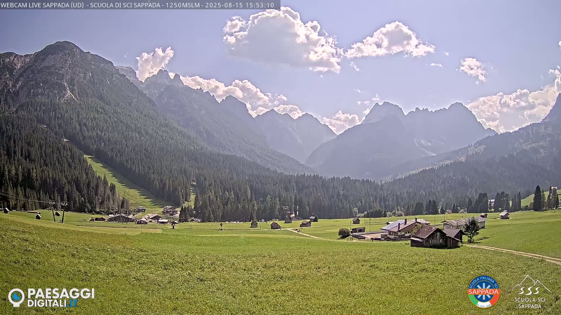 A sunny day reveals a valley of green fields and dark evergreen forests nestled among towering, rocky mountains.