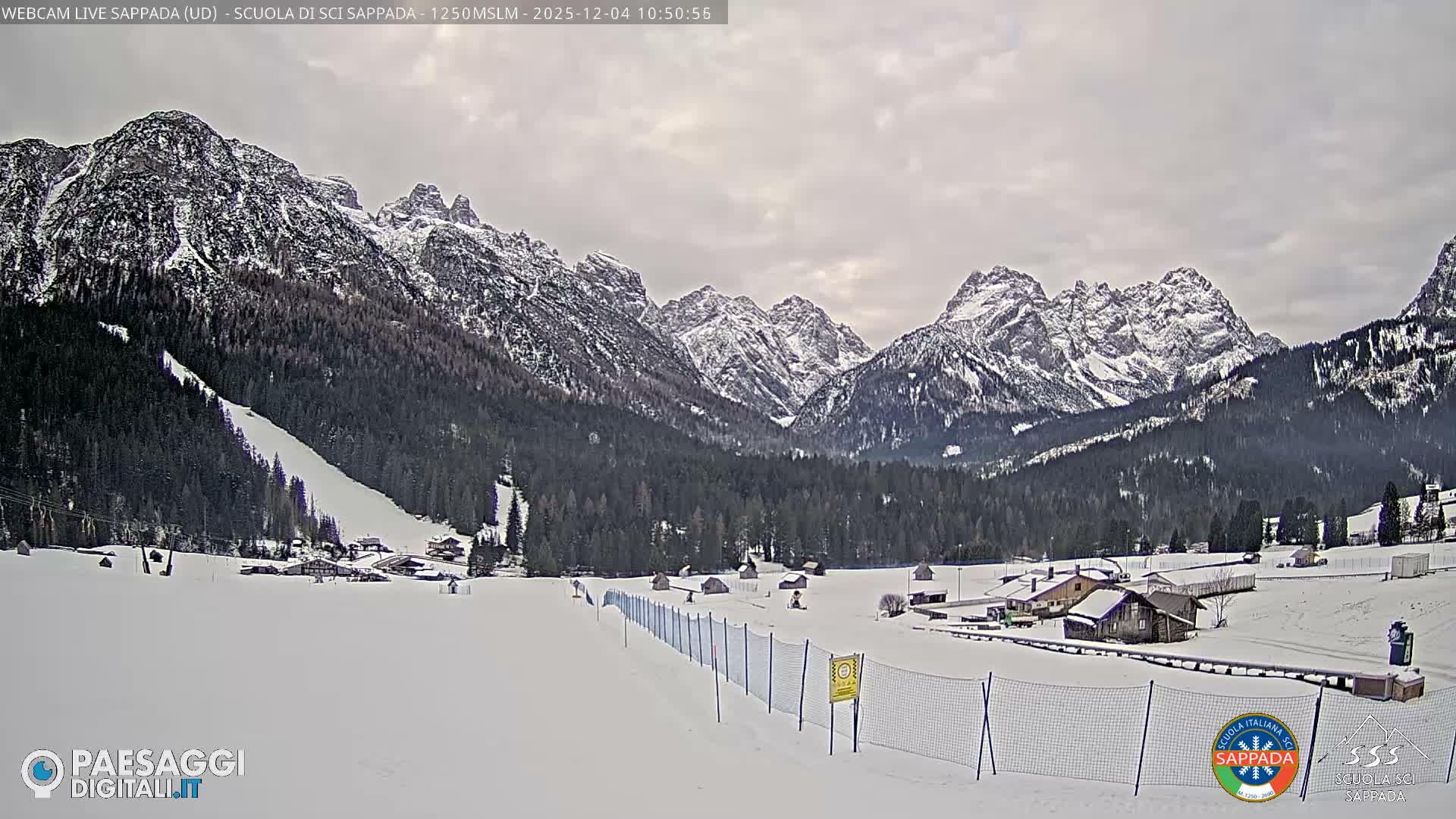A wide panoramic view captures a snow-covered mountain range towering over dense pine forests and a valley featuring small buildings, a ski slope, and a fenced-off snowy field, all under an overcast sky.
