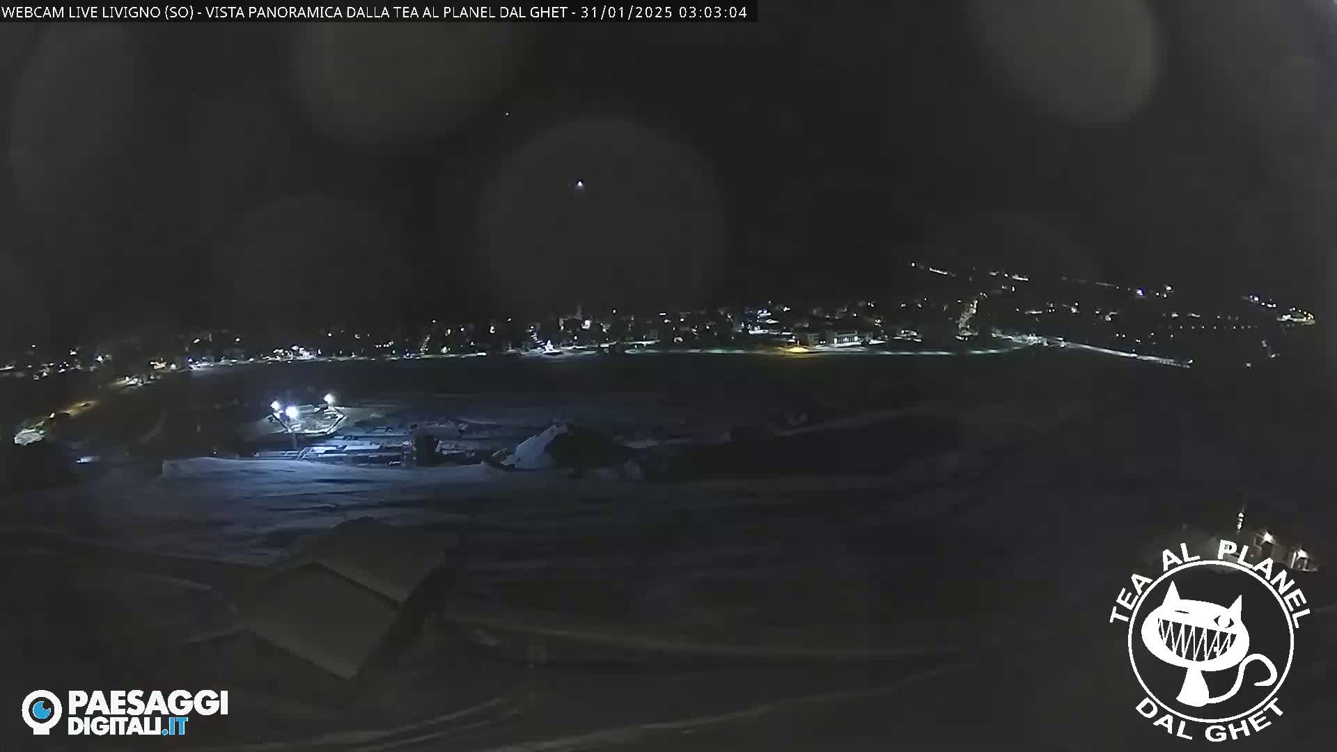 A nighttime, snow-covered landscape shows a distant town with faint lights under a dark sky.