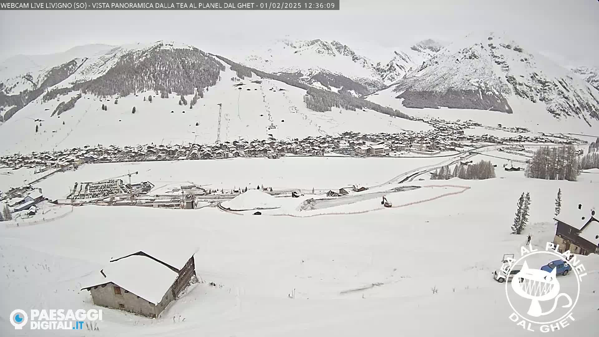 A snow-covered mountain village is seen from a high vantage point on an overcast day.