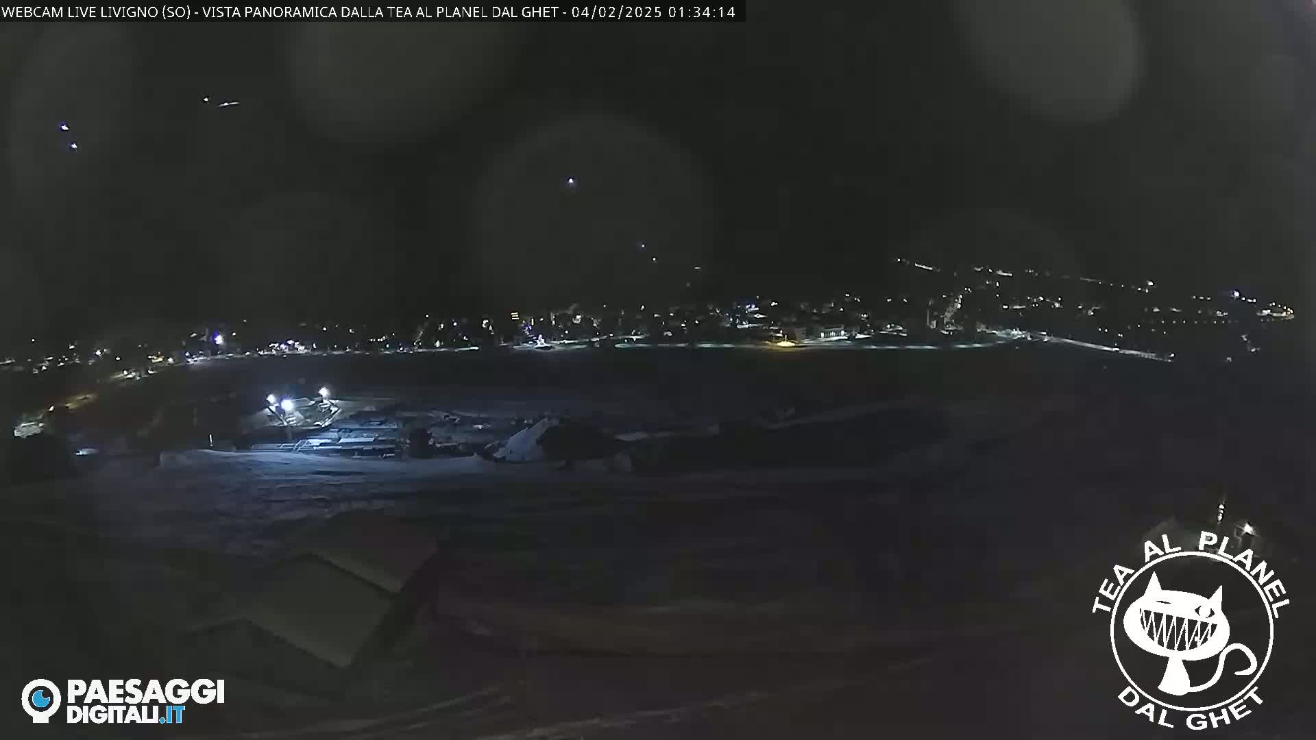 A nighttime, snow-covered landscape shows a town's lights in the distance under a dark sky.