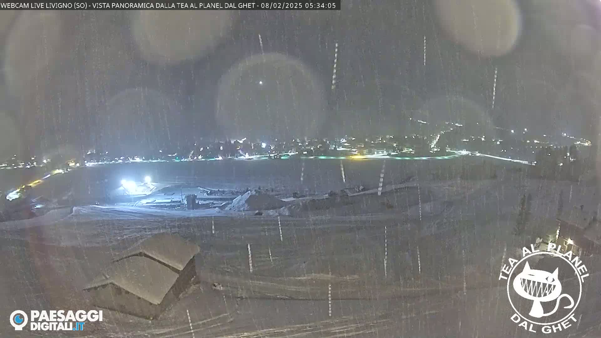 A nighttime, snowy scene shows a town in the distance illuminated by lights, with a snow-covered landscape in the foreground, featuring a small building and falling snow.