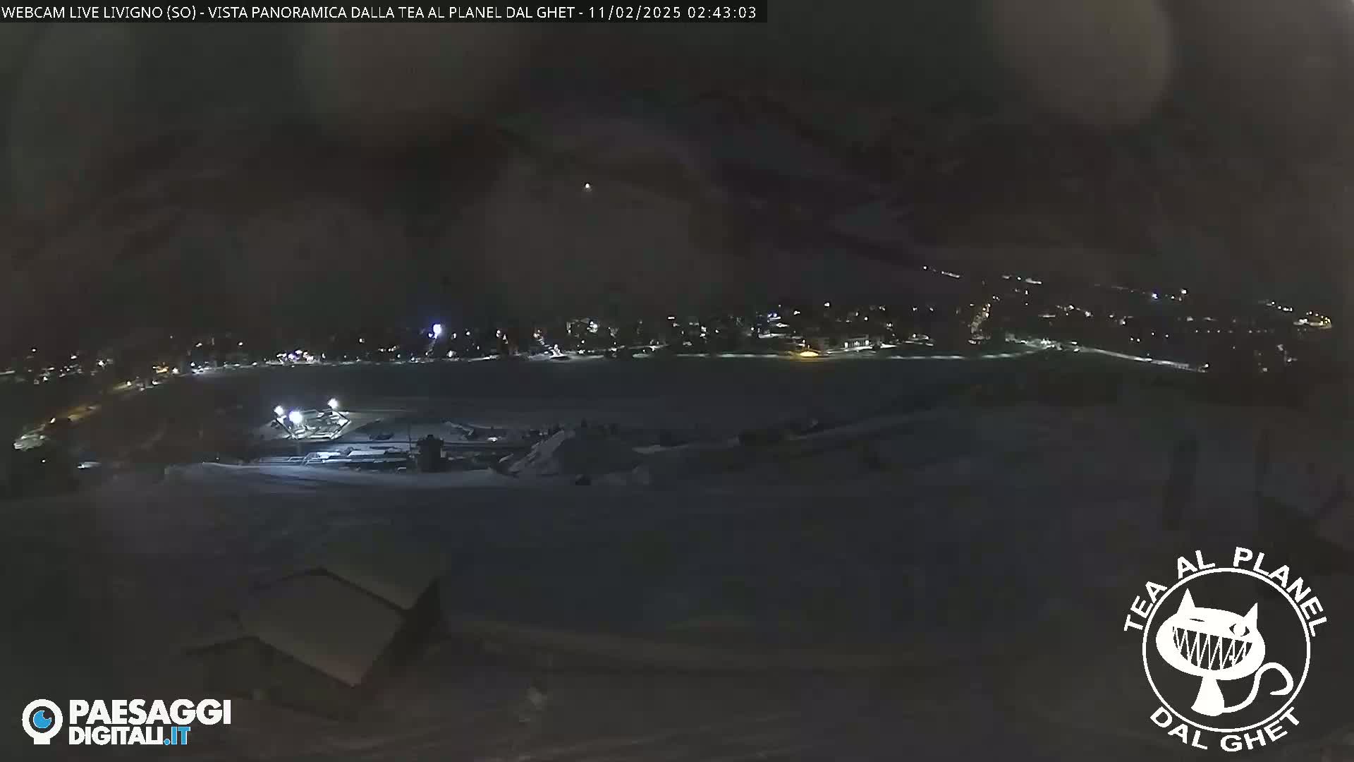 A nighttime, snow-covered landscape shows a town with faint lights in the distance under a dark sky.