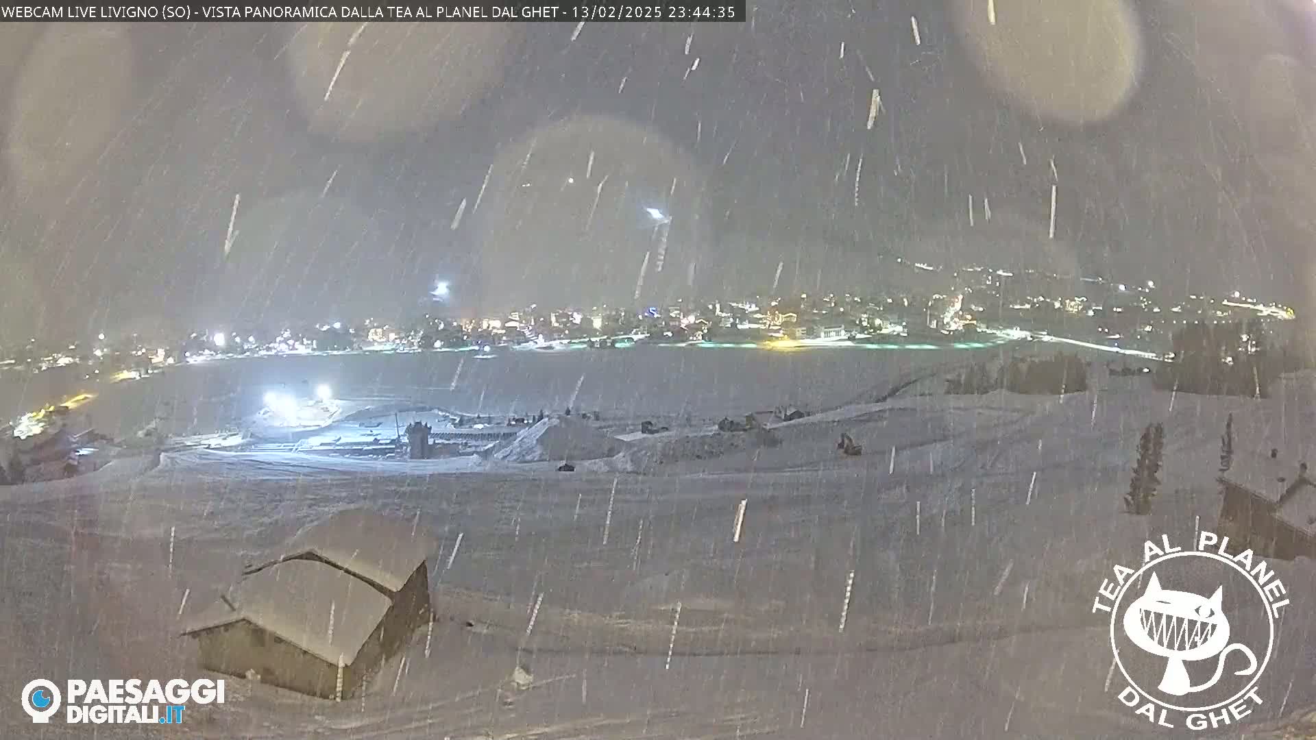 A snow-covered landscape at night, with a town illuminated in the distance, under heavy snowfall.