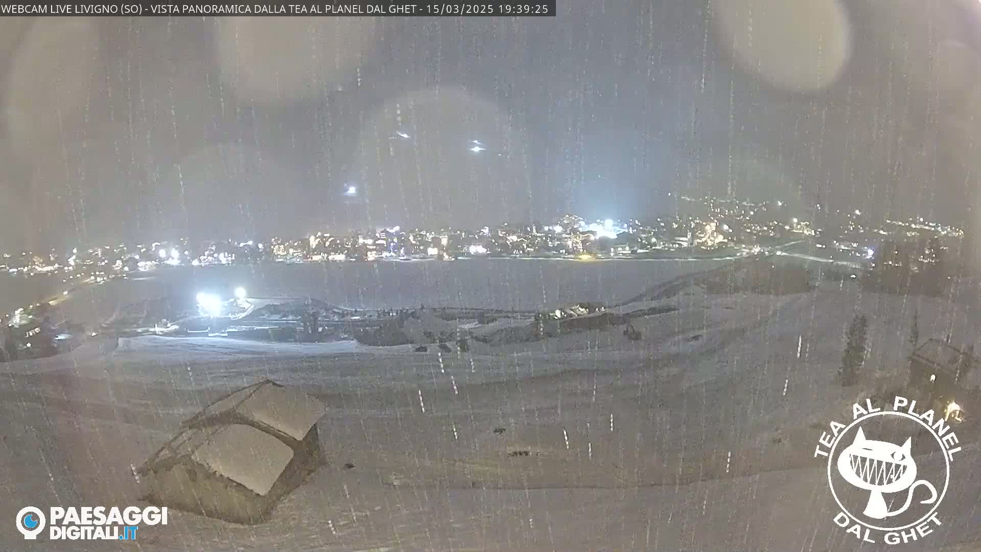 A nighttime, snowy scene shows a snow-covered landscape with a town illuminated in the distance under a falling snow.