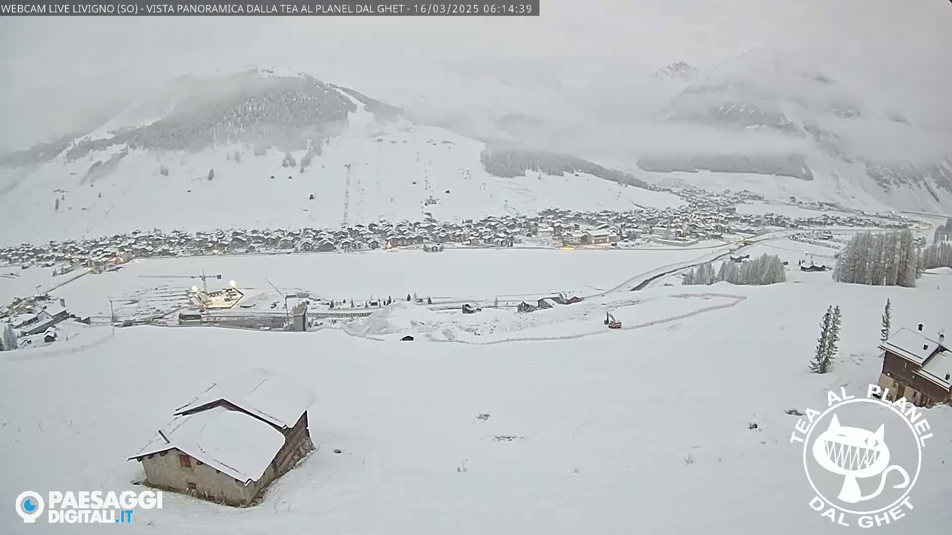 A snow-covered mountain village is viewed from a snowy hillside during a heavy snowfall.