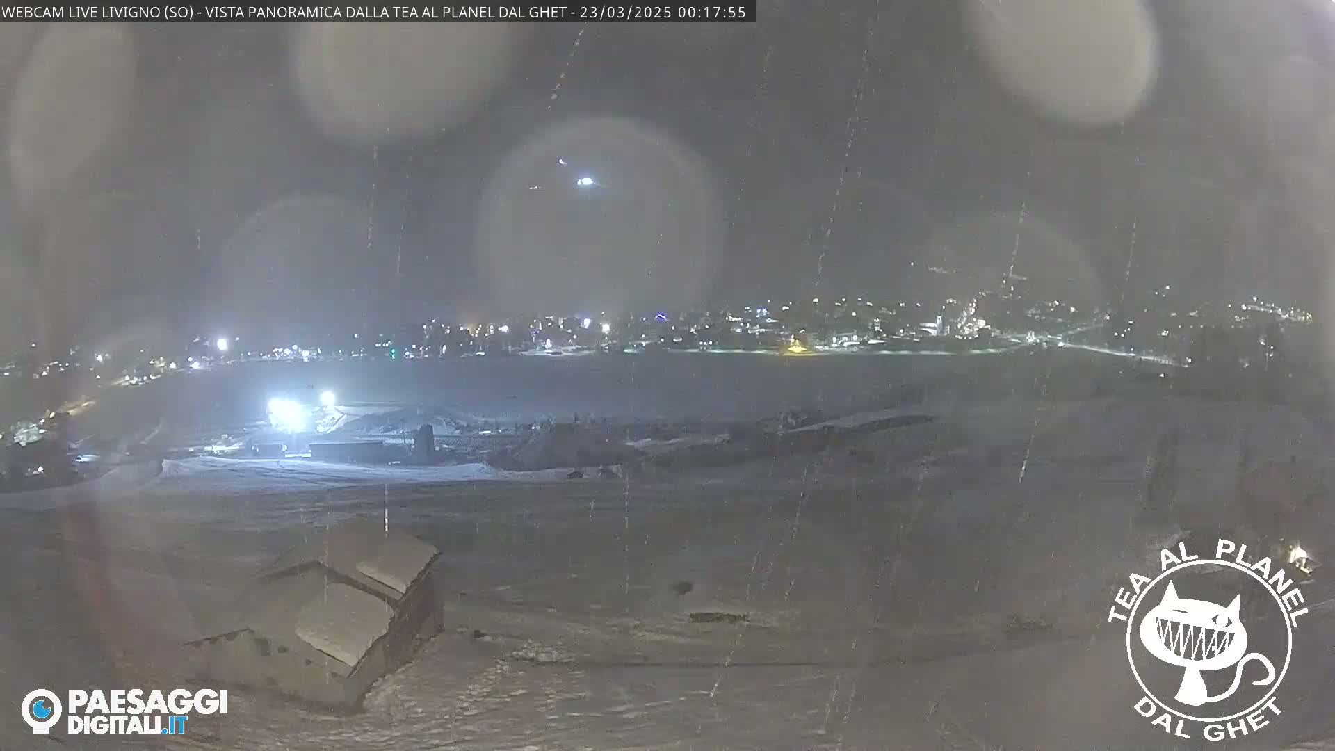 A nighttime, snowy scene shows a snow-covered landscape with a distant town illuminated, under a dark, possibly lightly snowing sky.