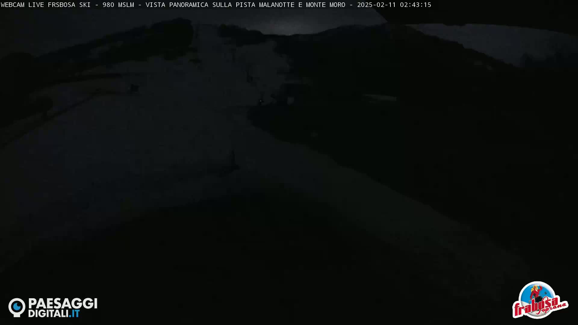 A dark, nighttime view of a snow-covered slope.
