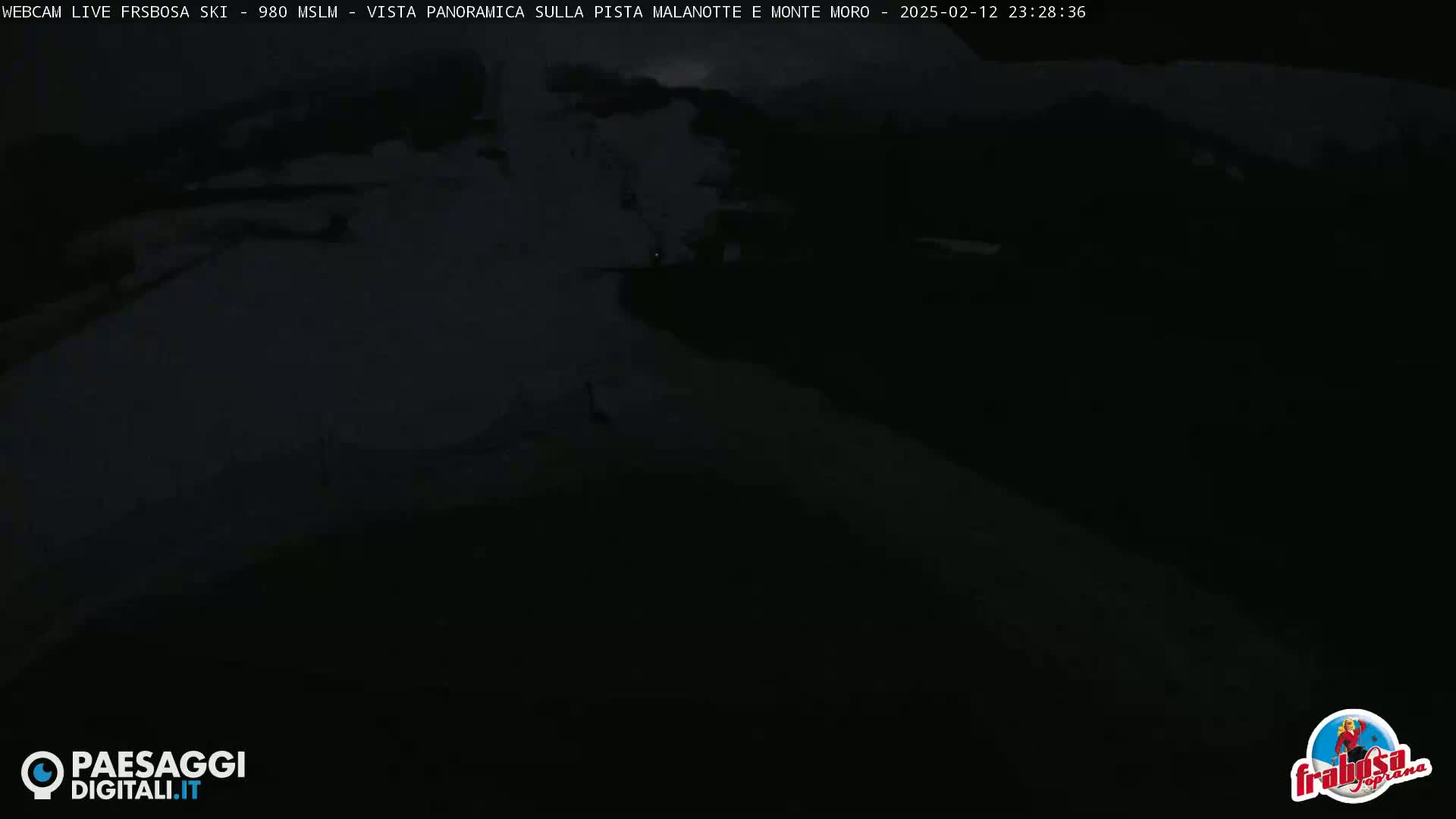 A dark, nighttime view of a snow-covered slope.