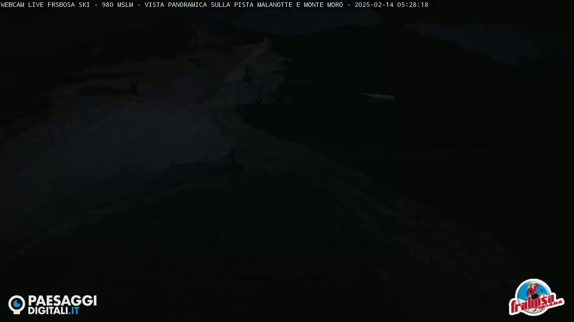 A dark, nighttime view of a snow-covered slope.