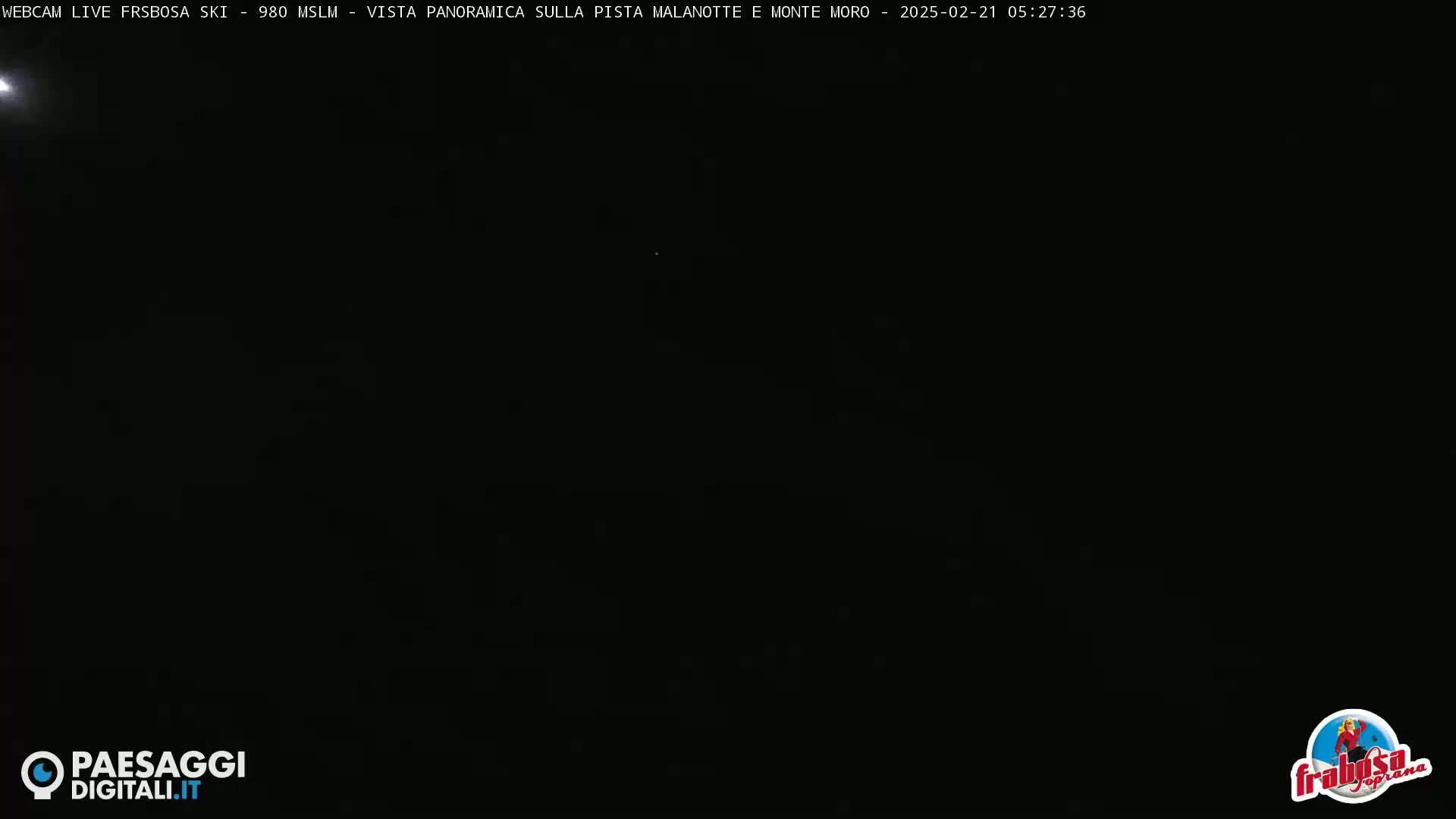 A completely dark nighttime scene is visible, with a very faint, bright spot in the upper left corner.