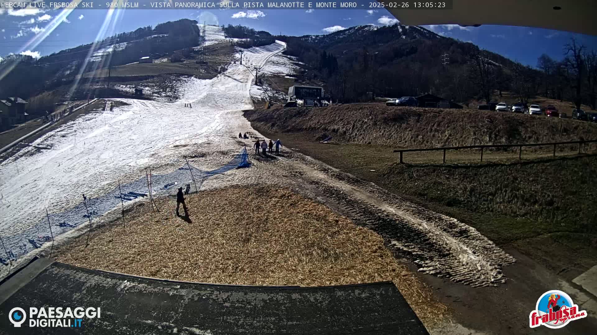 A sunny, snow-covered ski slope with several people near the bottom, and a dirt path leading to a parking area with cars.