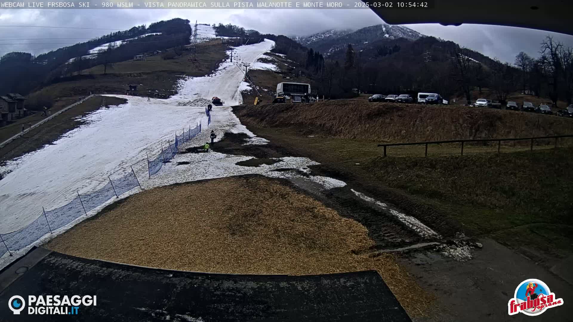 A ski slope with patchy snow, a small stream, and a parking lot of cars is visible under an overcast sky.