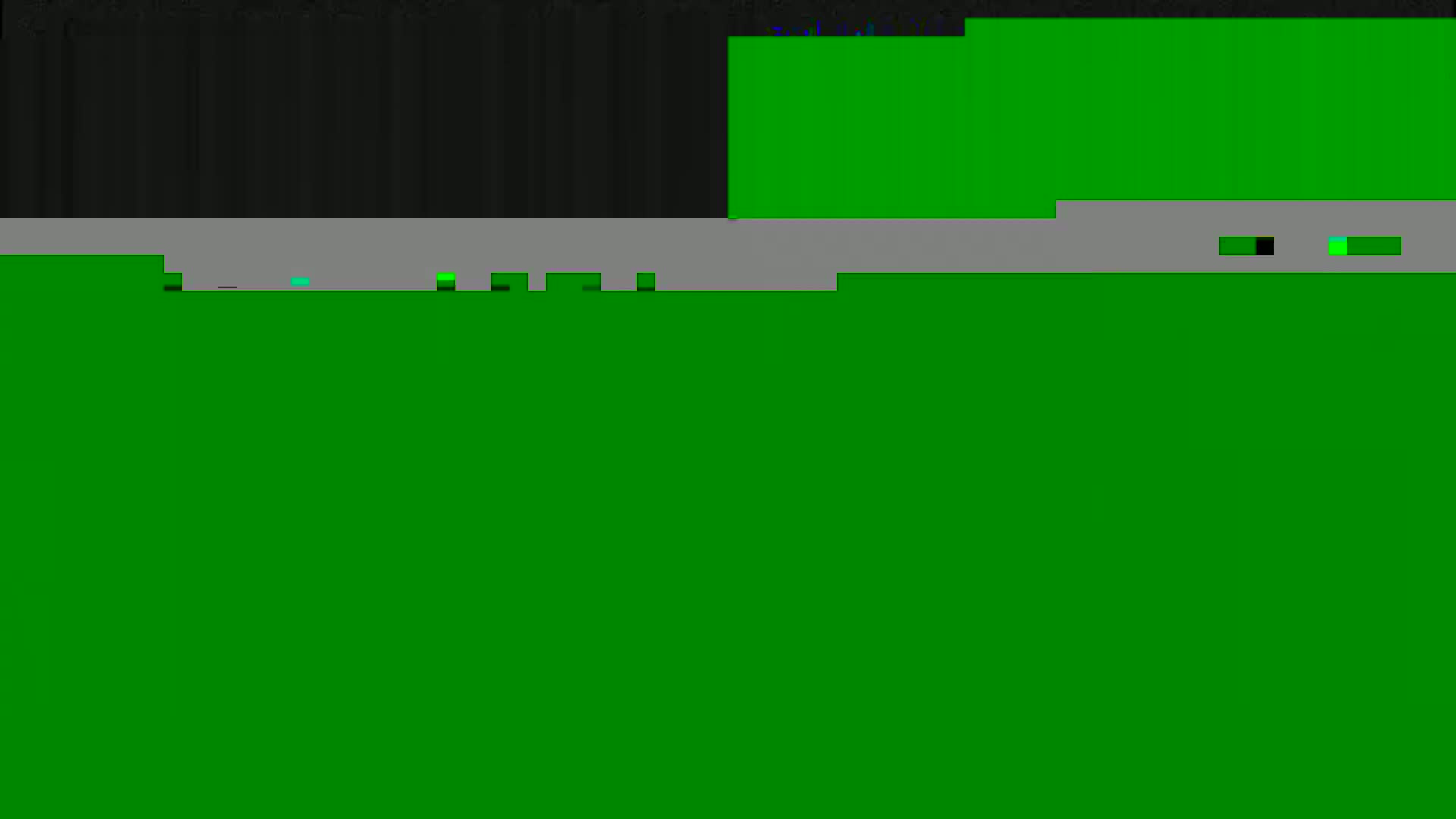 A mostly green screen image with a gray horizontal band containing small, differently colored squares.