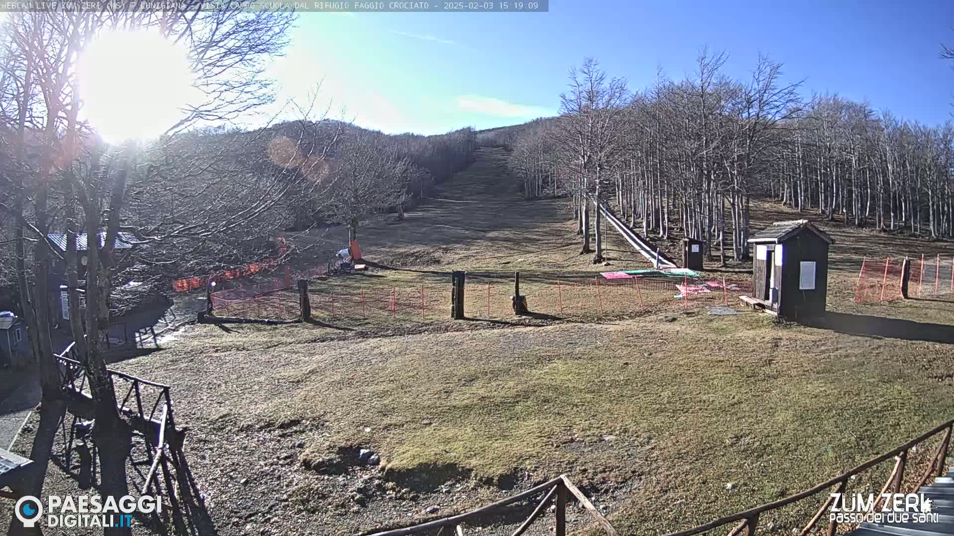 A sunny day at a ski resort, showing a grassy slope with bare trees, a small building, and some ski lift infrastructure.