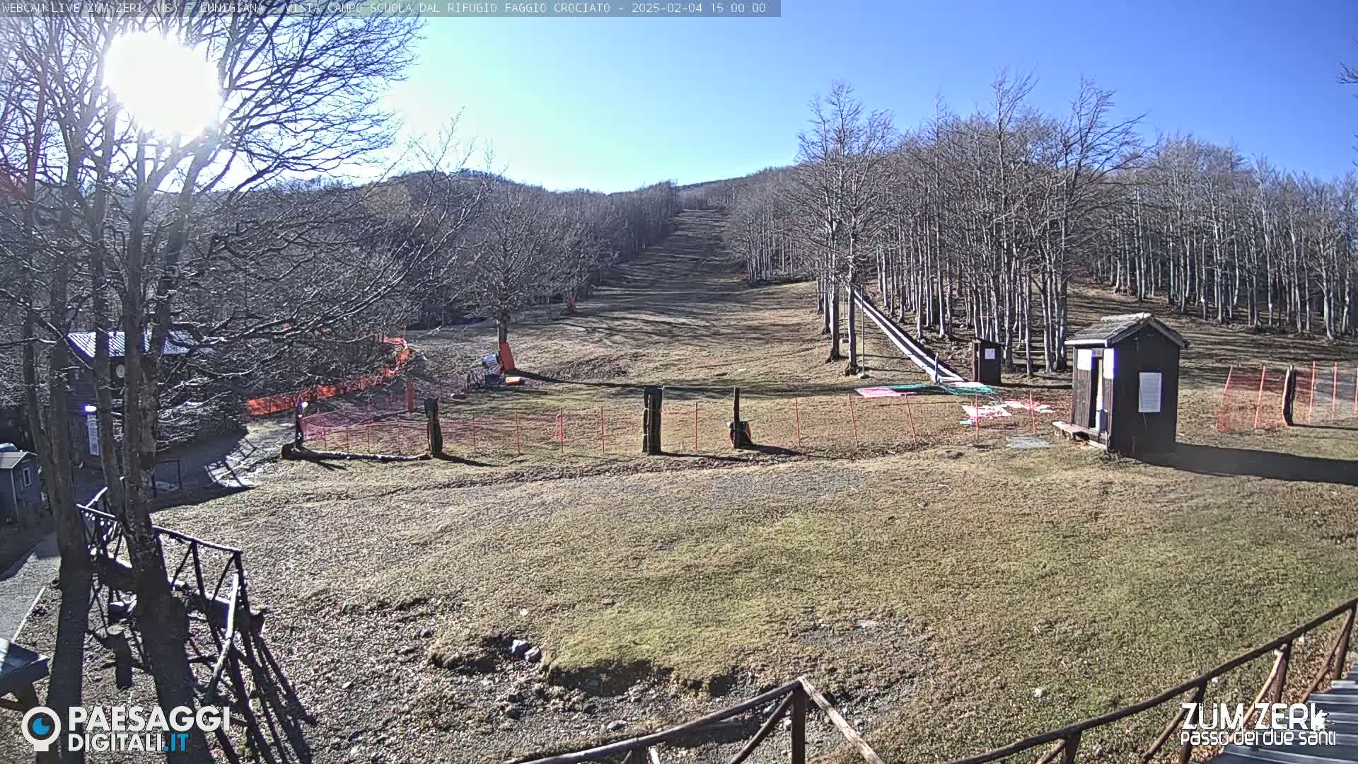 A sunny day at a ski resort shows a mostly barren, grassy slope with leafless trees and some small structures, including a shed.