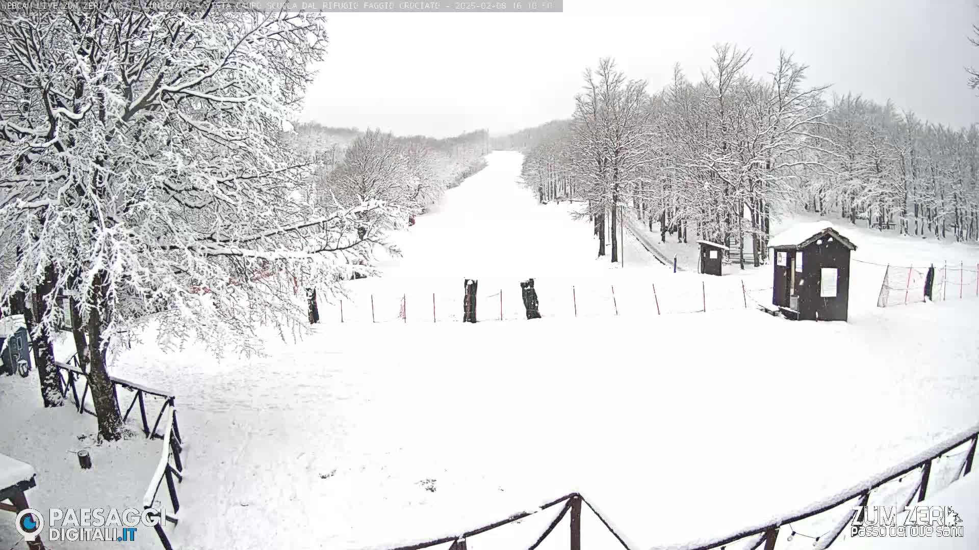 A snow-covered ski slope is visible between snow-laden trees under an overcast sky.