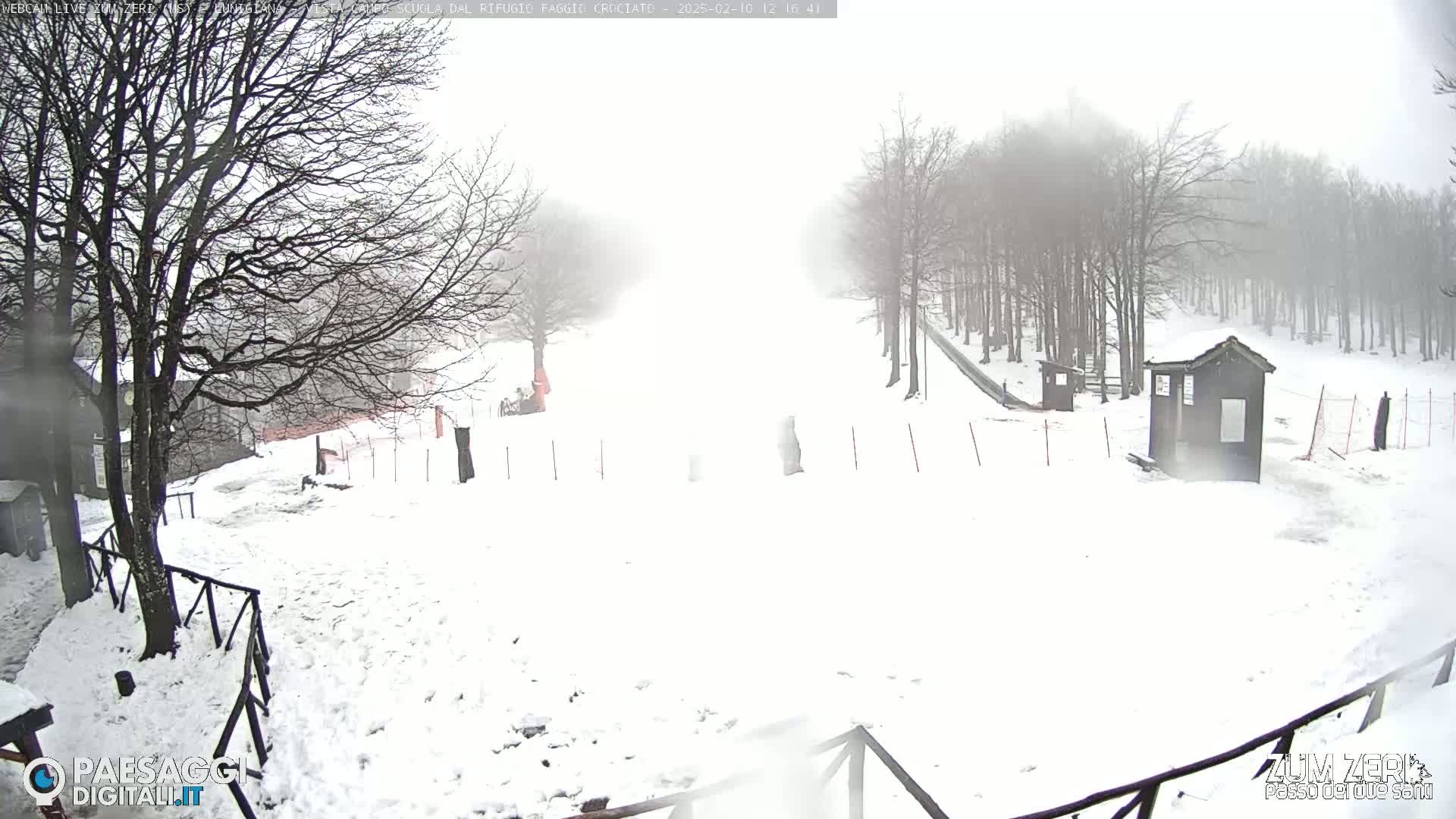 A snow-covered landscape with leafless trees and small buildings is visible in foggy conditions.