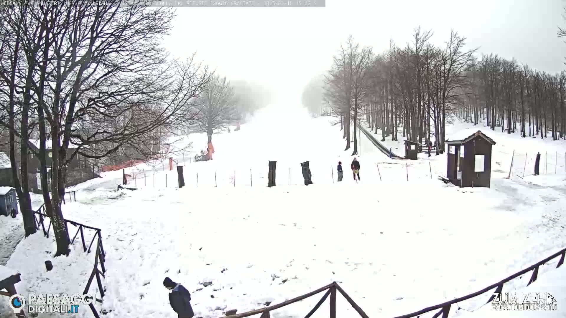 A snow-covered ski slope with a few people skiing and walking, surrounded by bare trees in overcast weather.
