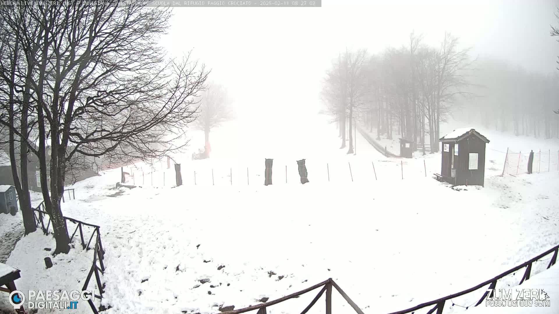 A snow-covered landscape with leafless trees in a heavy fog, featuring a small wooden building and a fence.