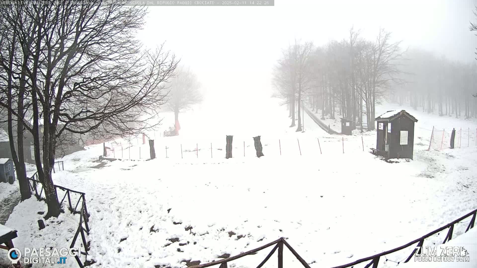 A snow-covered landscape with leafless trees in a dense fog, featuring a small building and a fence.