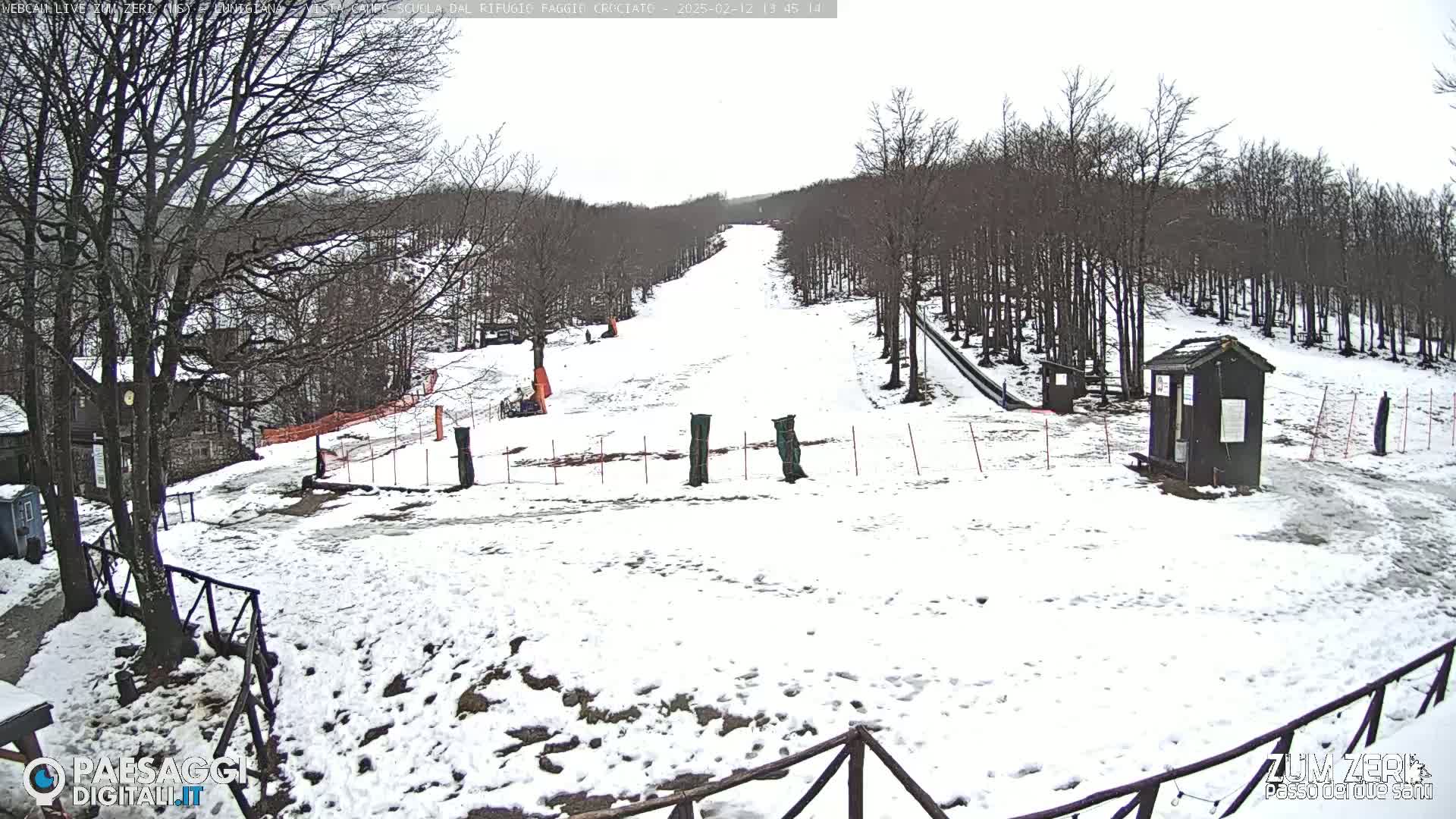 A snow-covered ski slope is seen, surrounded by leafless trees under an overcast sky.