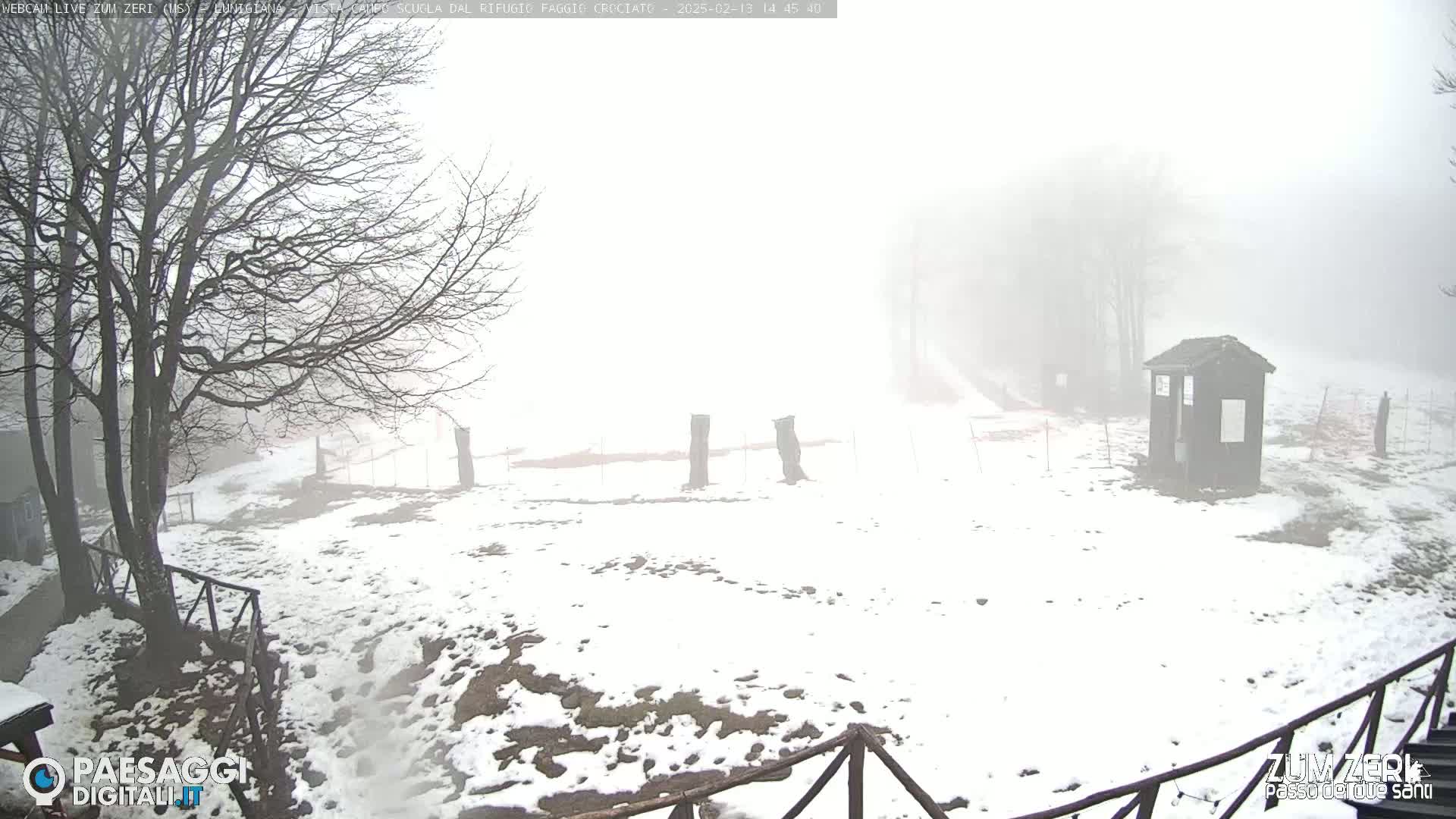 A snow-covered, foggy landscape features bare trees, a small structure, and wooden fences.