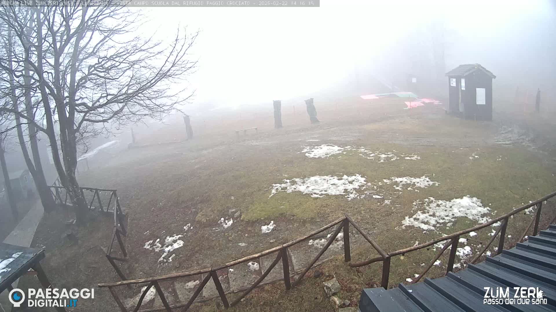 A foggy, snowy field is visible, with a small building and sparse trees in the distance, enclosed by a wooden fence.