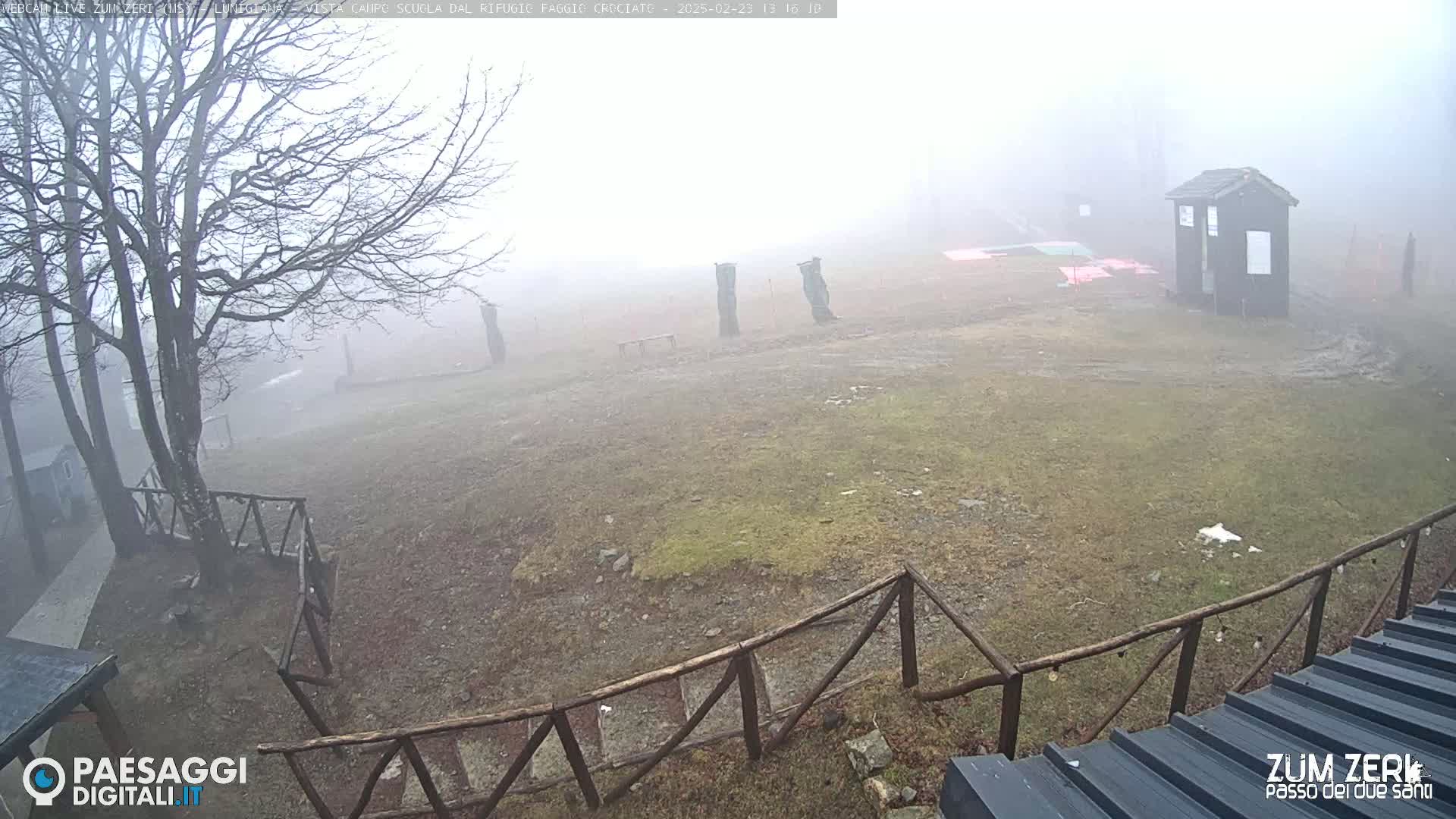A foggy, outdoor scene shows a grassy area enclosed by a wooden fence, with a small building and bare trees in the background.