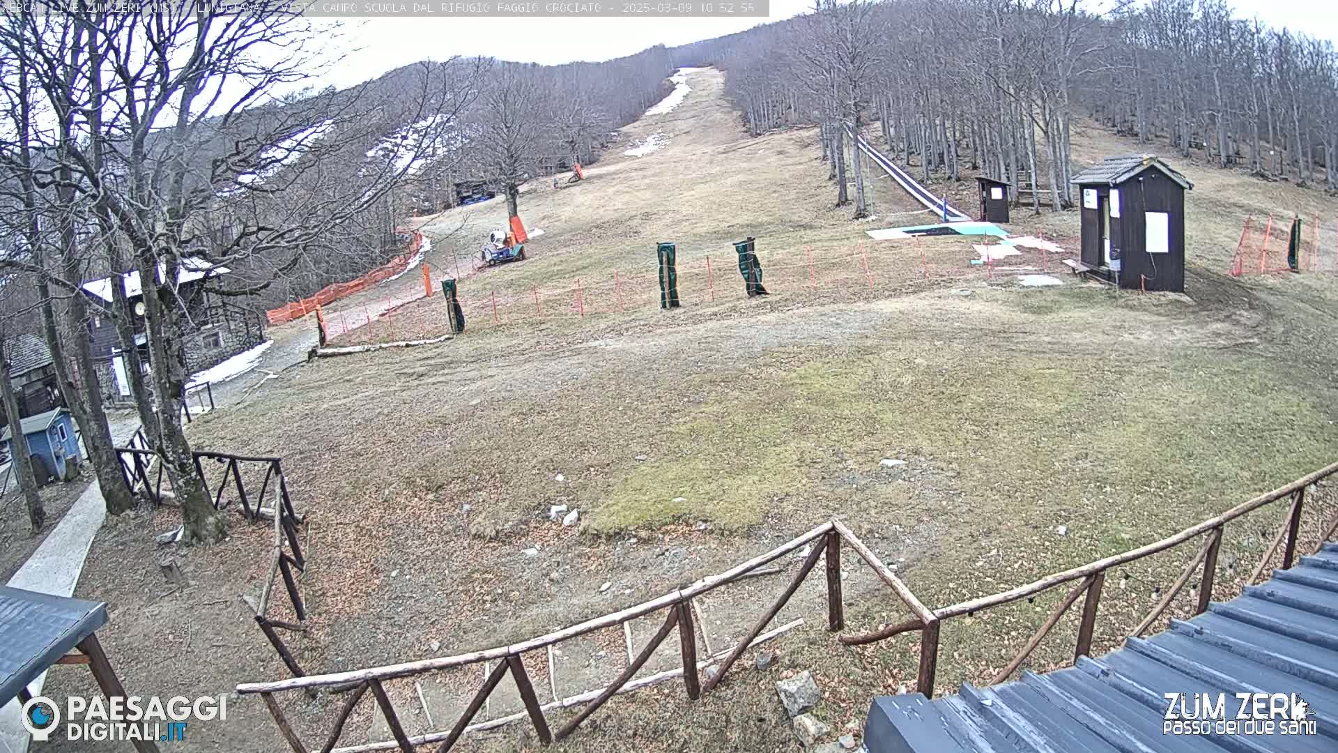 A mostly barren ski slope with a few buildings and sparse trees under an overcast sky.