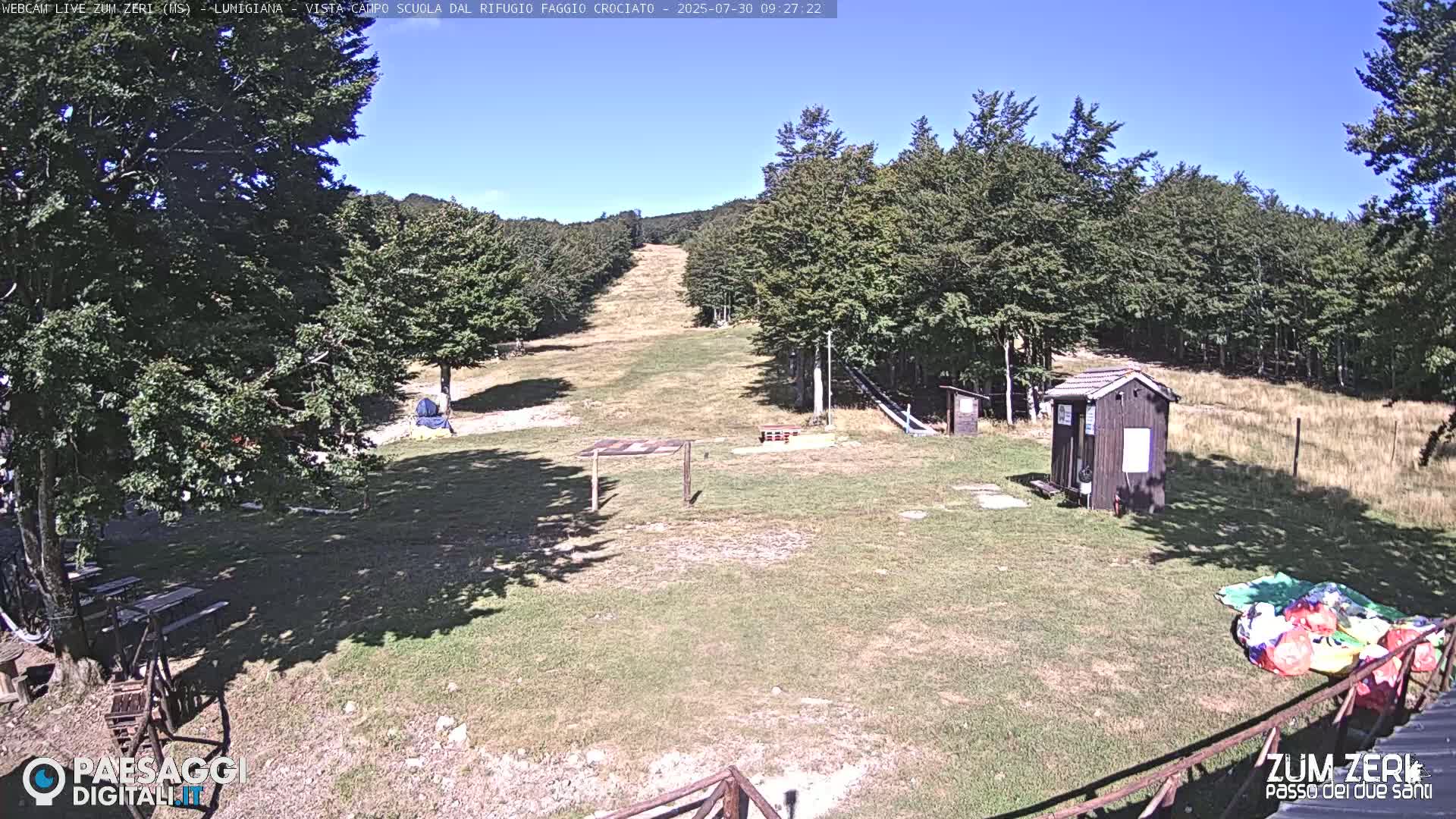 A grassy clearing in a forest, under a clear blue sky, features a small wooden shed and a gently sloping hill in the background.