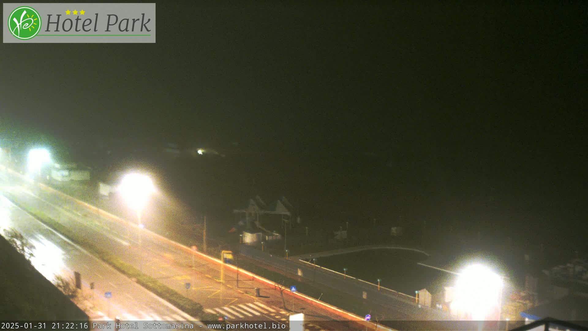 A nighttime, foggy view of a road and waterfront area with illuminated streetlights and buildings.