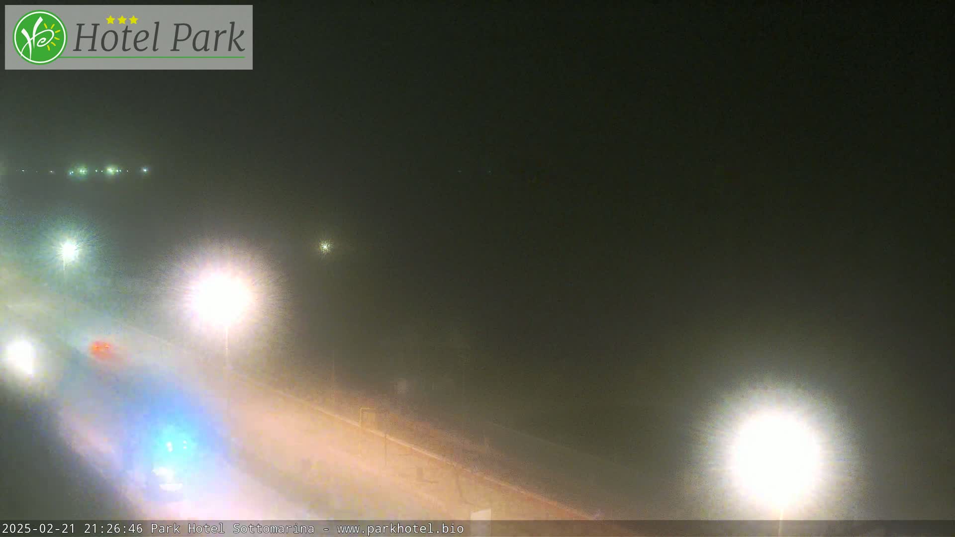 A foggy night scene shows a road with cars driving past bright streetlights.