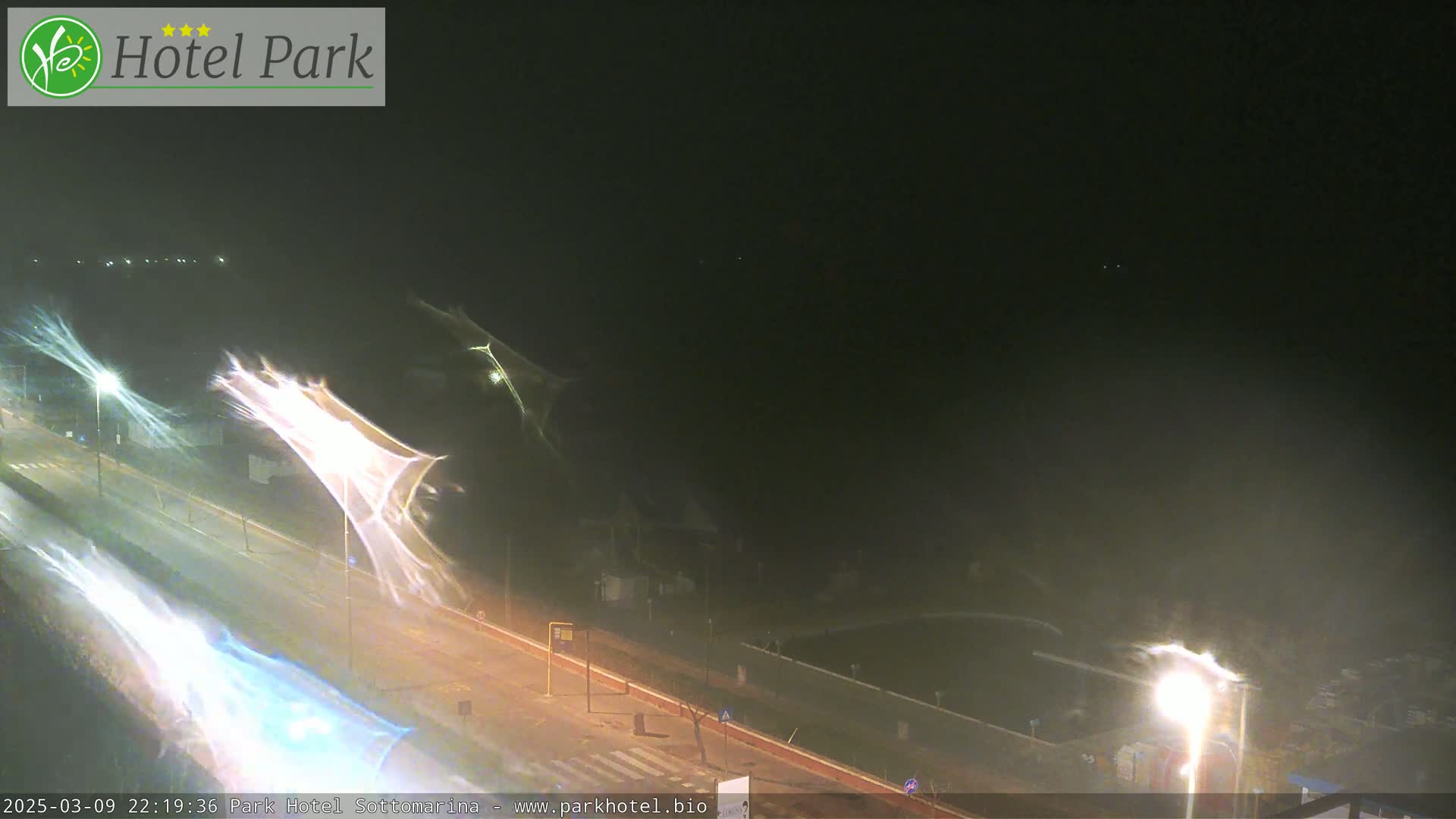 A nighttime, hazy view of a road with streetlights and blurry light trails from moving vehicles.