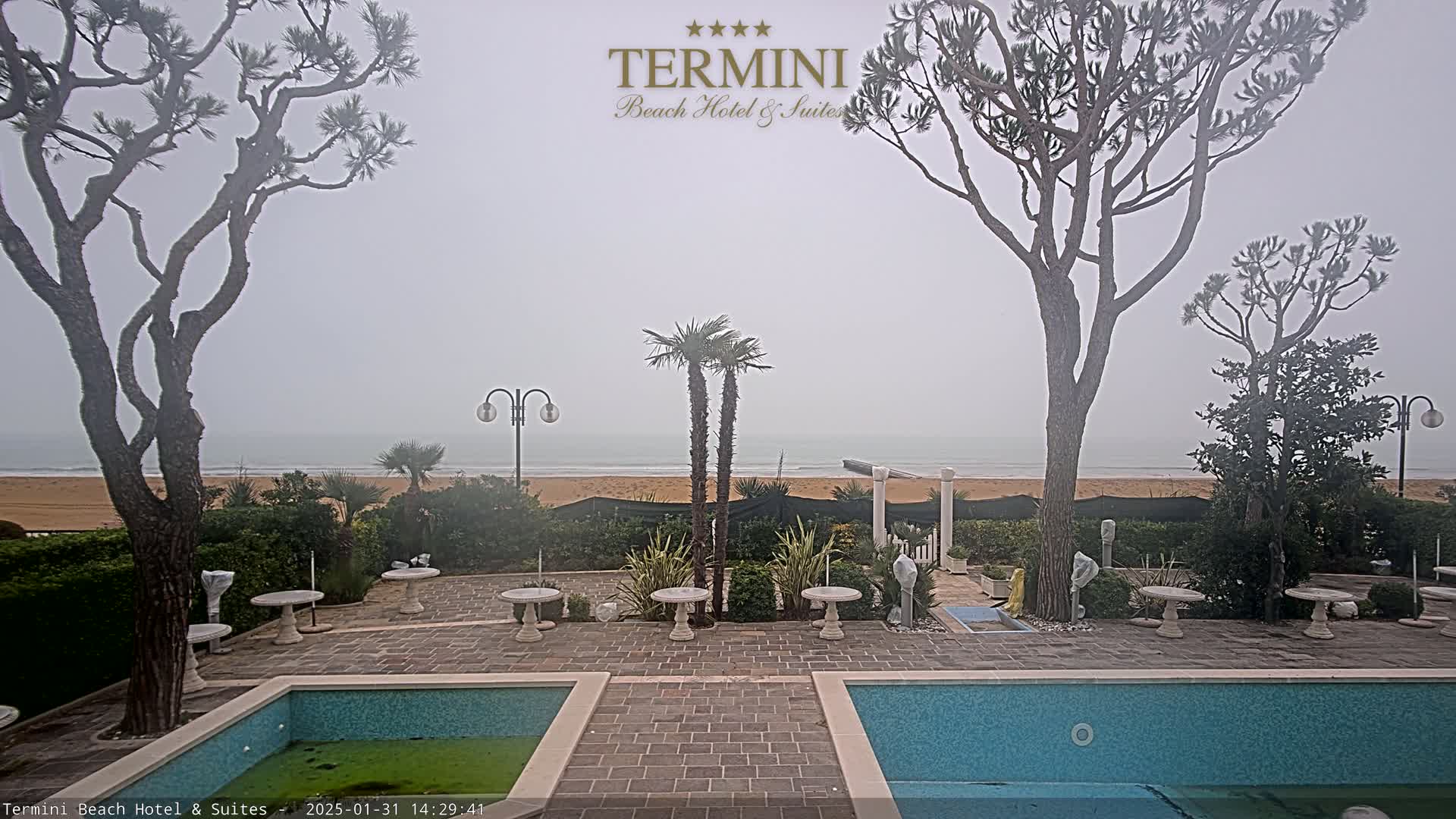 A foggy day overlooks a sandy beach from a patio with two pools and several small tables situated between pine and palm trees.