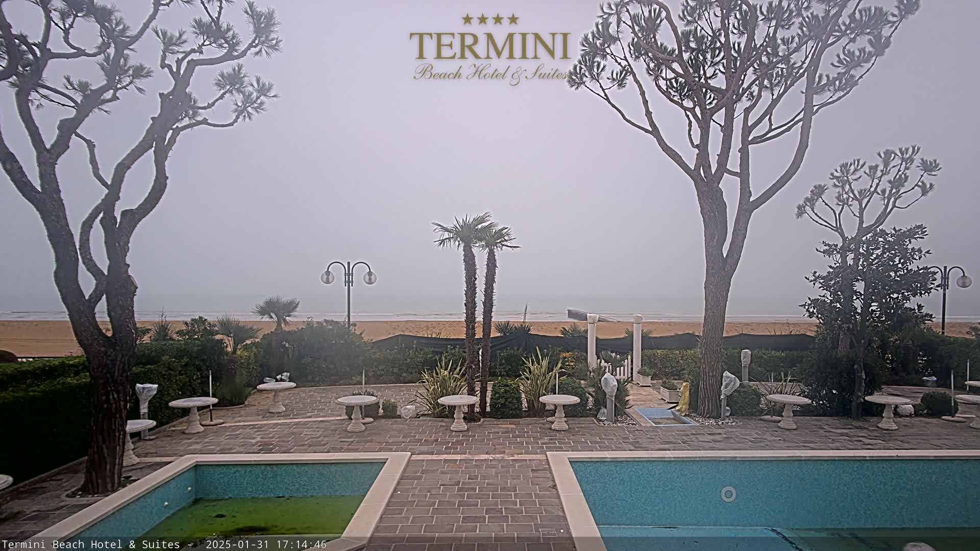 A foggy view of a sandy beach stretches beyond a courtyard with two pools, several small tables, and tall, slender trees.